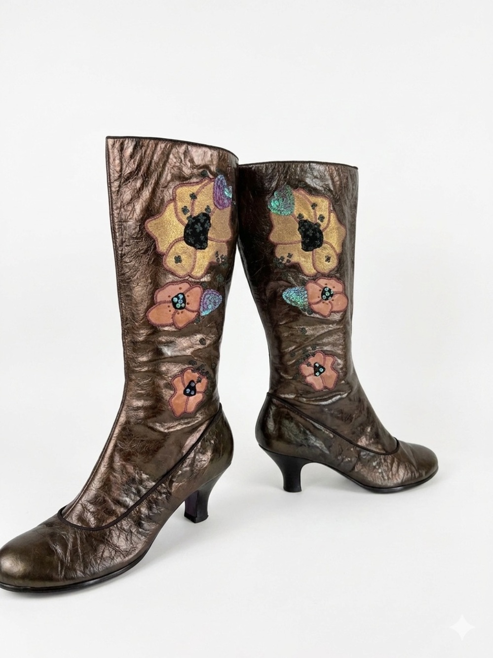 Vintage Y2K Kenzie Uptown Metallic Bronze Crinkle Leather Floral Boots 7.5M